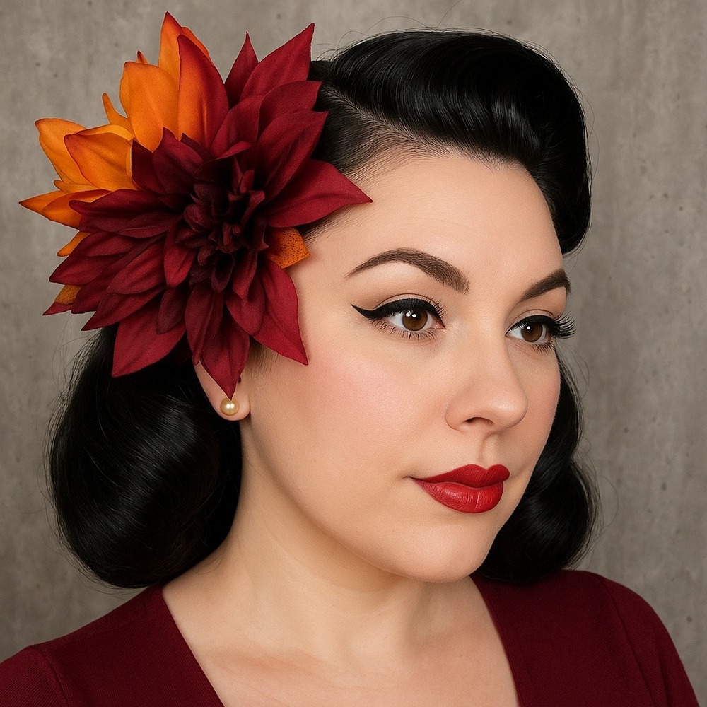 Handmade Fall Hair‎ Flower Clip Burgundy Orange Dahlia Pinup Rockabilly Retro